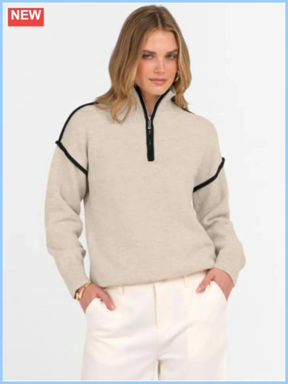 ANRABESS Women's Quarter Zip Knit V-Neck Collared Pullover Sweater